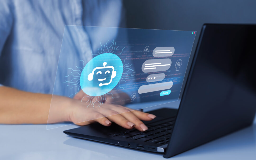 Person typing on laptop with AI chatbot interface projected on screen