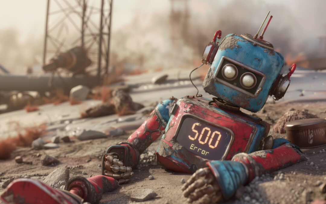 Visual metaphor of website mistakes — broken robot with 500 error screen