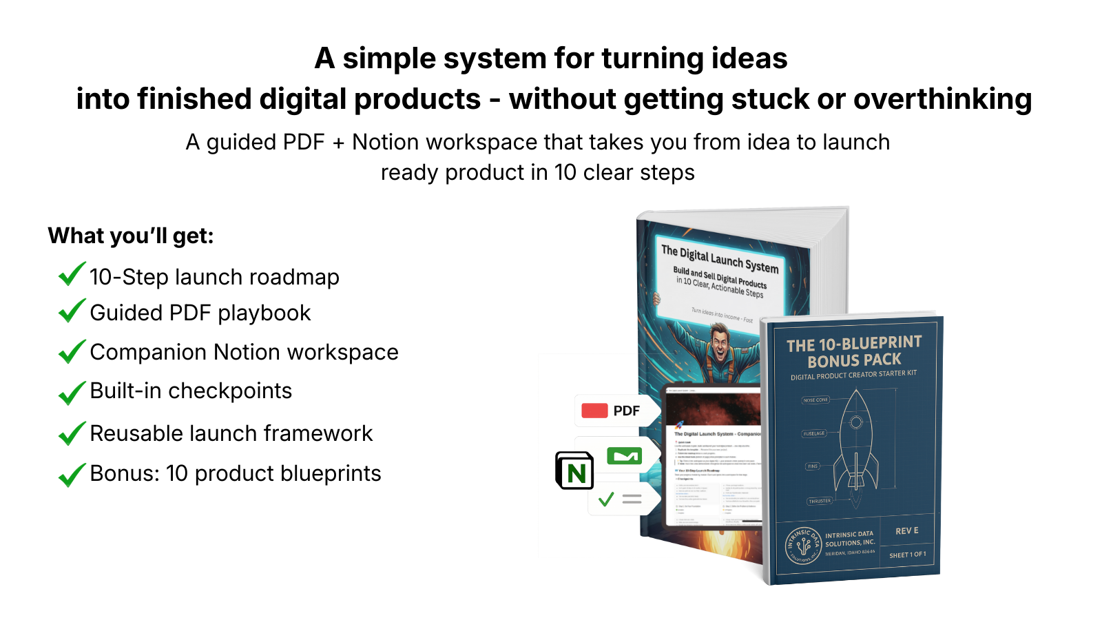 Digital Launch System product including PDF guide, Notion workspace, and bonus blueprints
